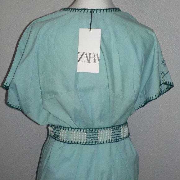 ZARA MS SIZE SMALL LIGHT GREEN / TEAL EMBROIDERED BELTED WAIST CAFTAN DRESS - Picture 3 of 13